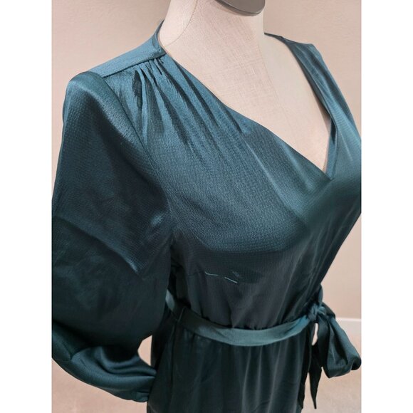 Lane Bryant Womens V-Neck Satin Dress With Tie Belt Dark Green Size 12 New With - Picture 8 of 14